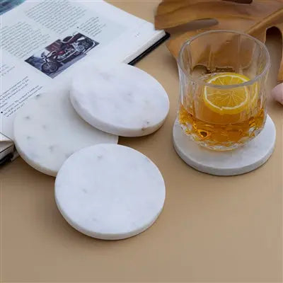 Marble Coasters Set of 4 - round natural stone coasters with unique veining for elegant table protection and home entertaining