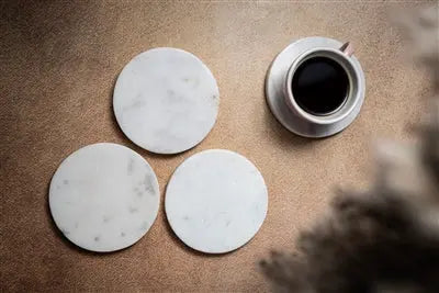 Marble Coasters Set of 4 - round natural stone coasters with unique veining for elegant table protection and home entertaining