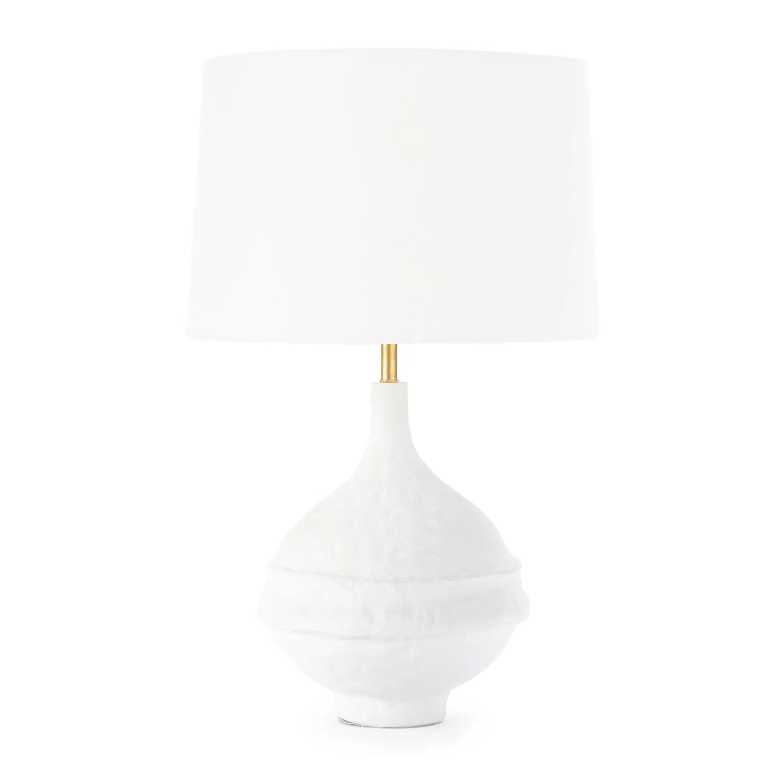White ceramic lamp with gold accent on a white background