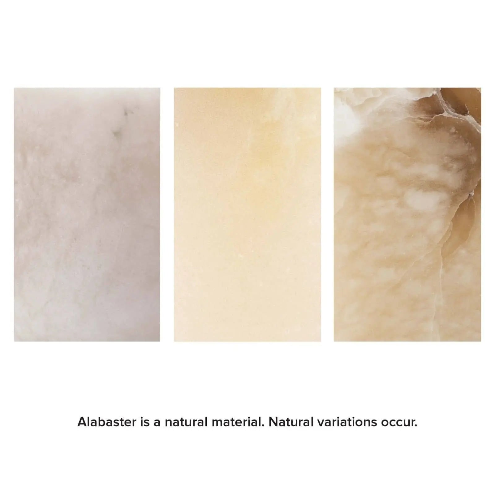 Three different textures of alabaster with a text overlay indicating natural variations. - Hazel Alabaster Uplight