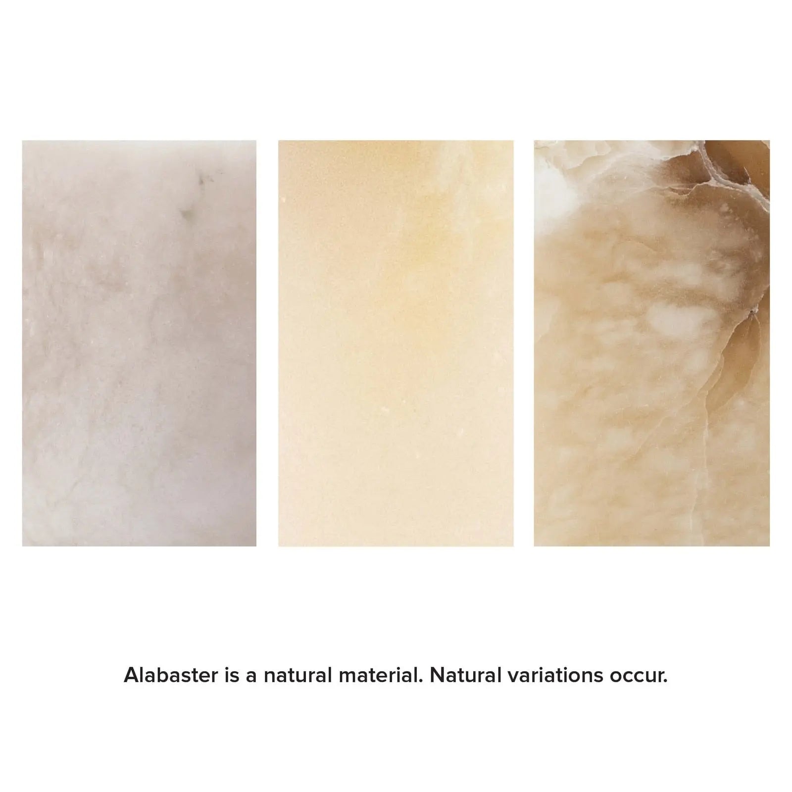 Three different textures of alabaster on a white background with text indicating natural variations.