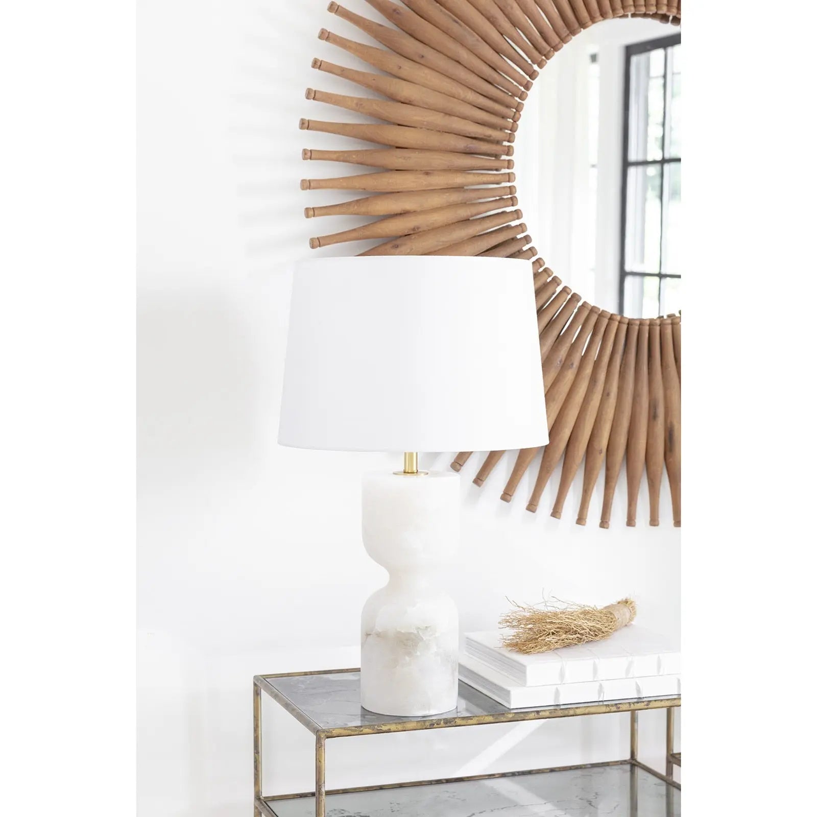 Joan Alabaster Table Lamp Large - natural stone table lamp carved from solid alabaster with white shade and 3-way lighting functionality