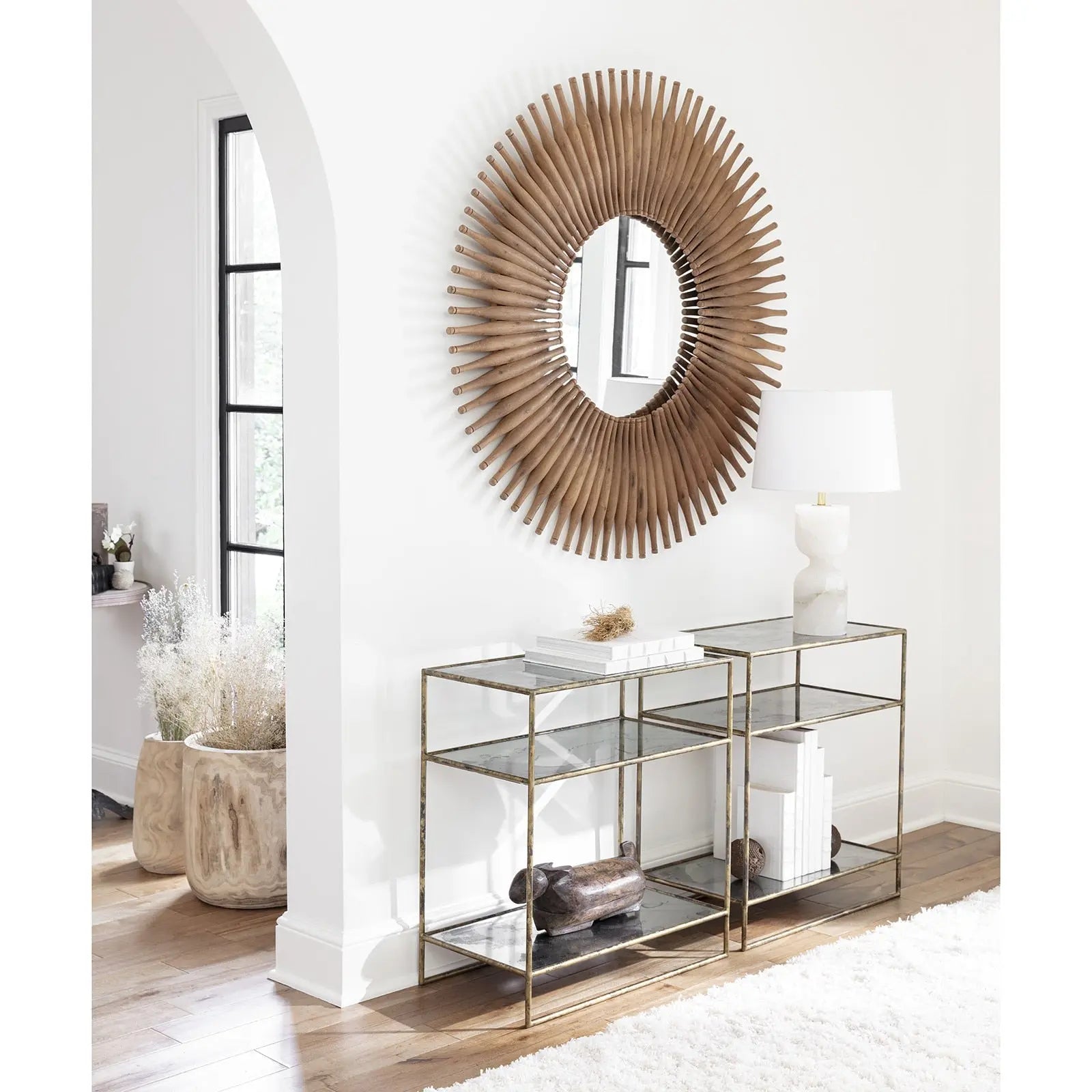 Joan Alabaster Table Lamp Large - natural stone table lamp carved from solid alabaster with white shade and 3-way lighting functionality