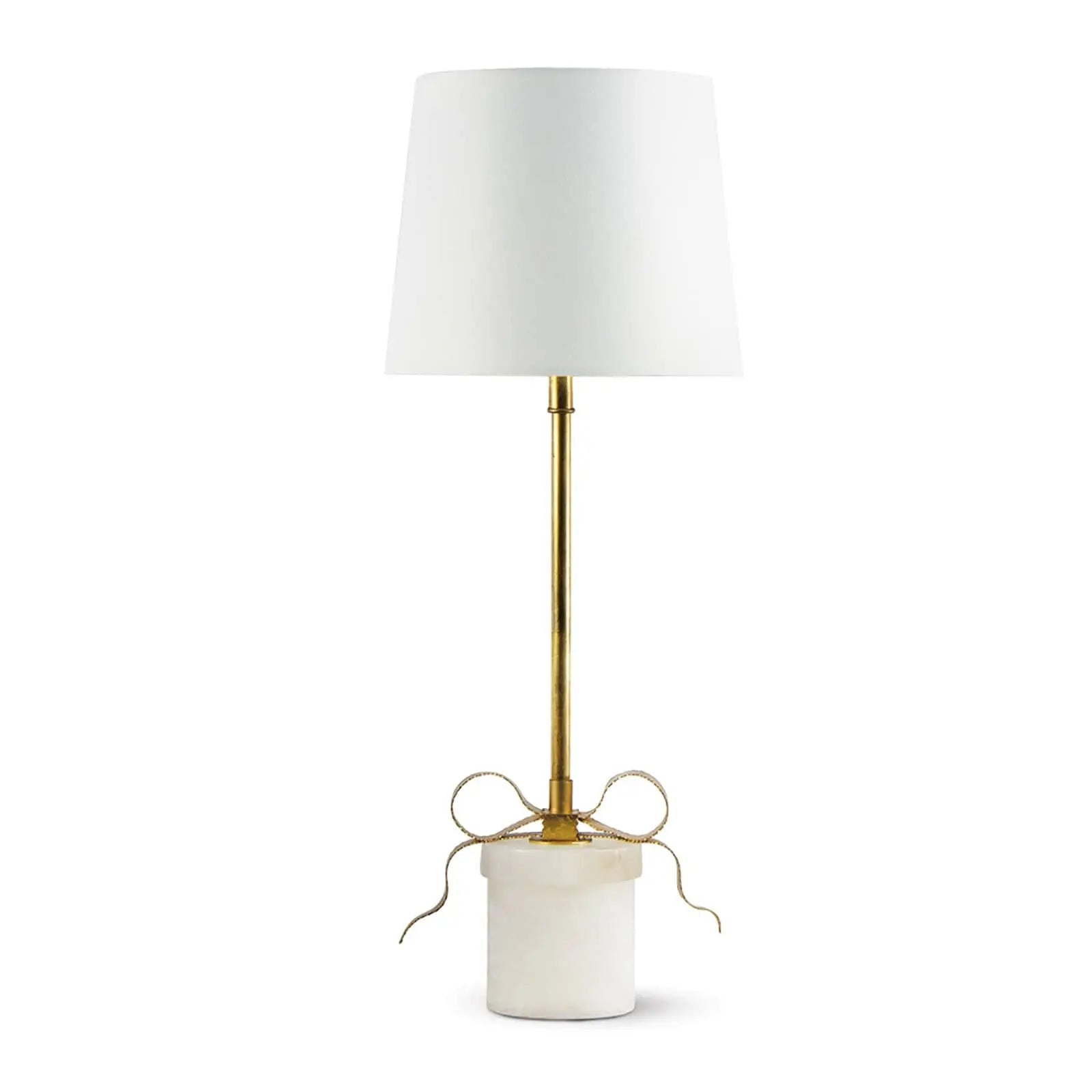 Table lamp with white shade and gold base on a white background