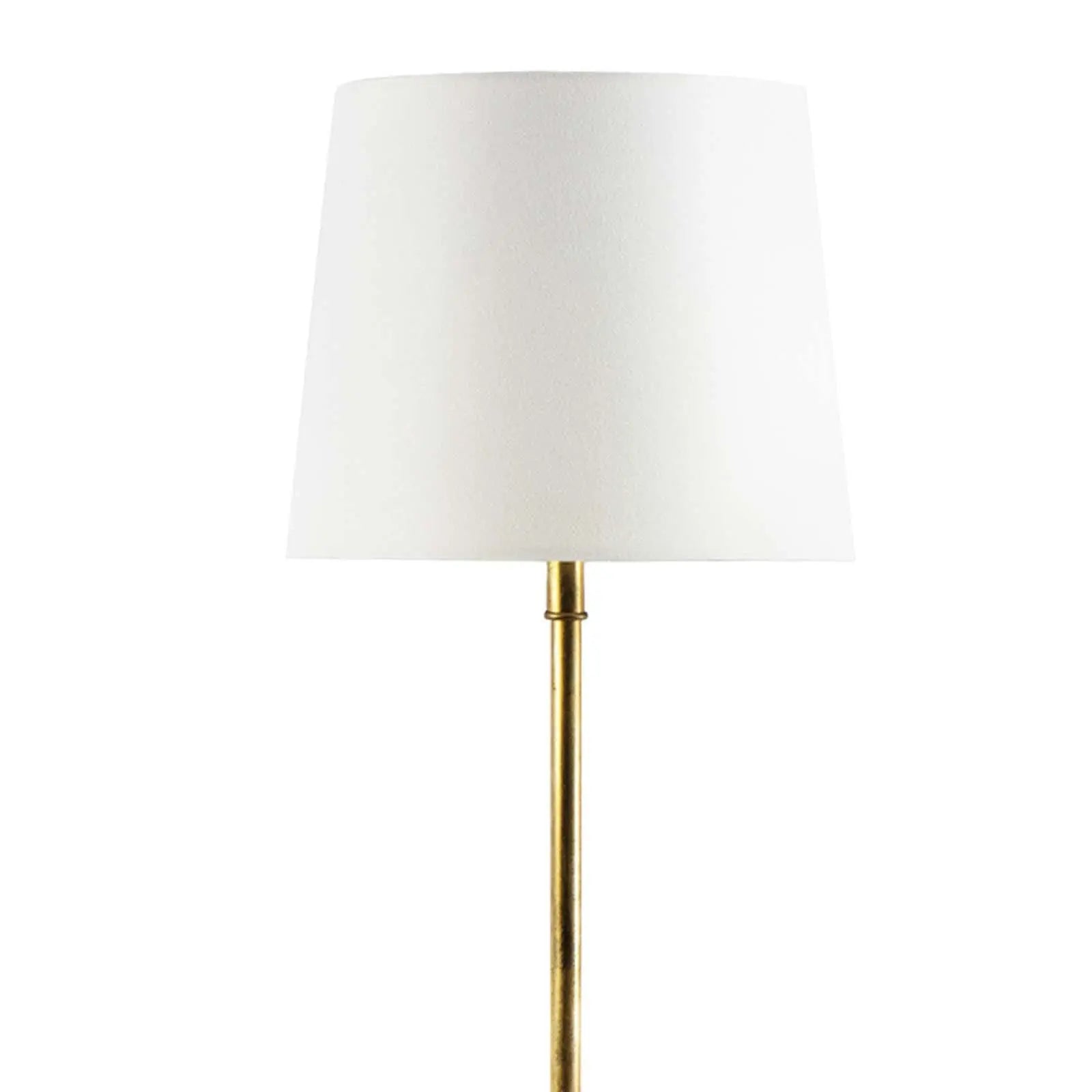 Table lamp with a white shade and gold base on a white background