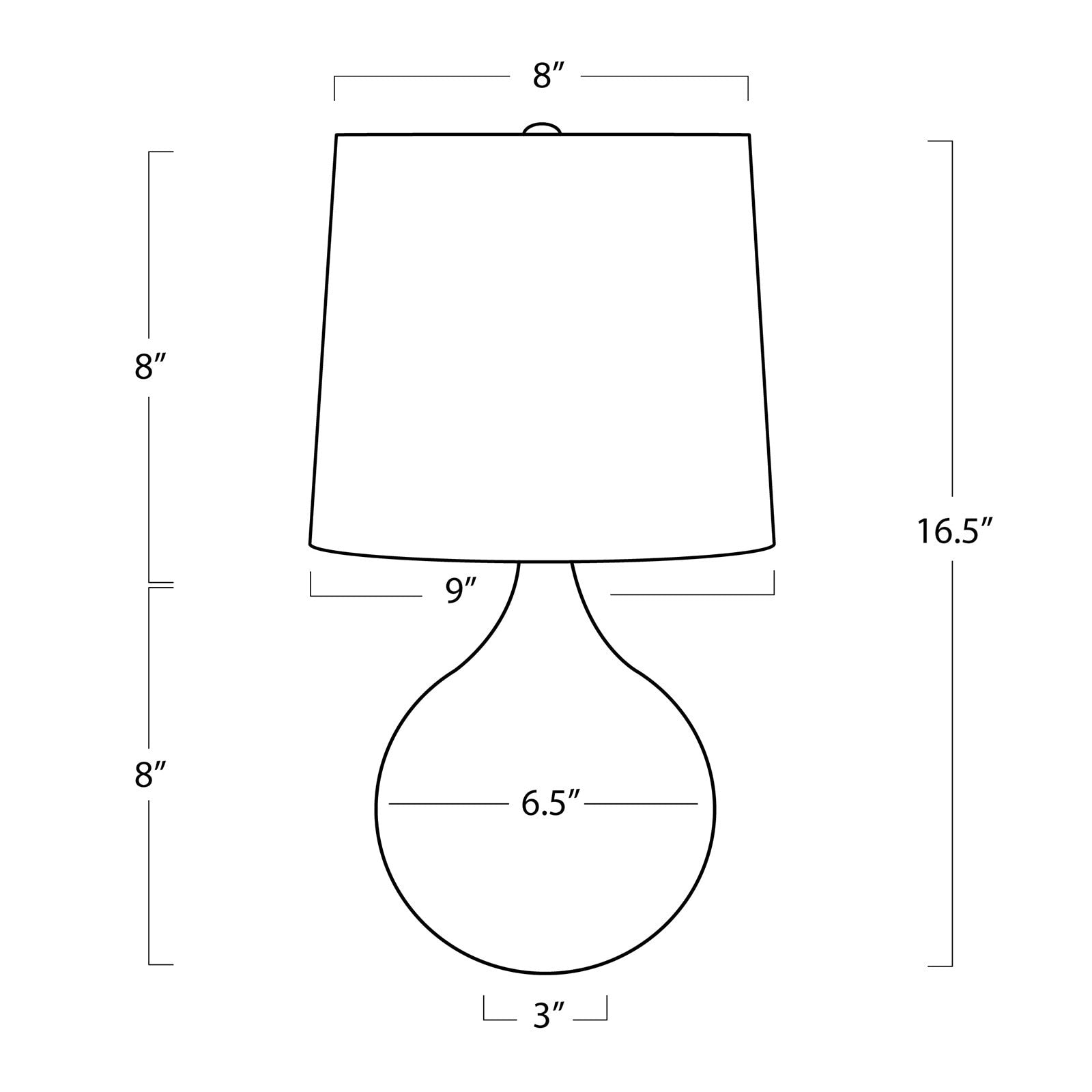 Line drawing of a lamp with dimensions labeled