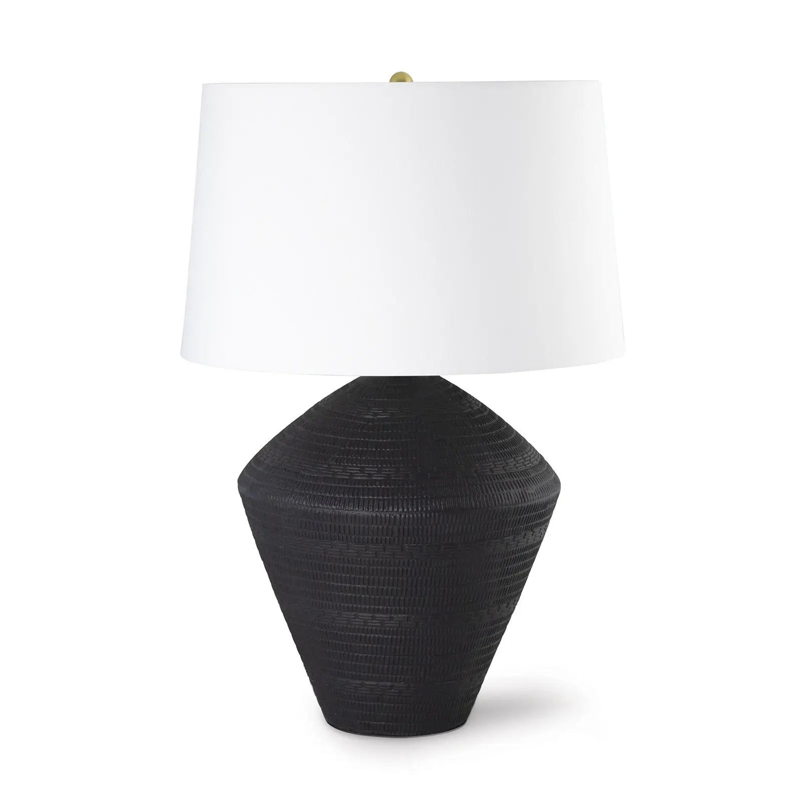 Black textured table lamp with a white lampshade on a white background