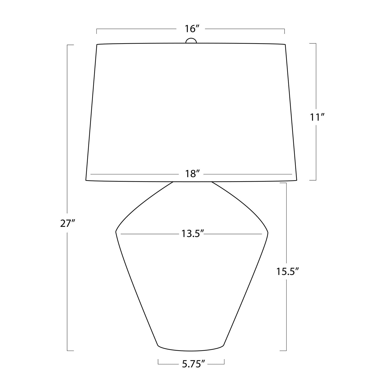 Line drawing of a lamp with dimensions labeled