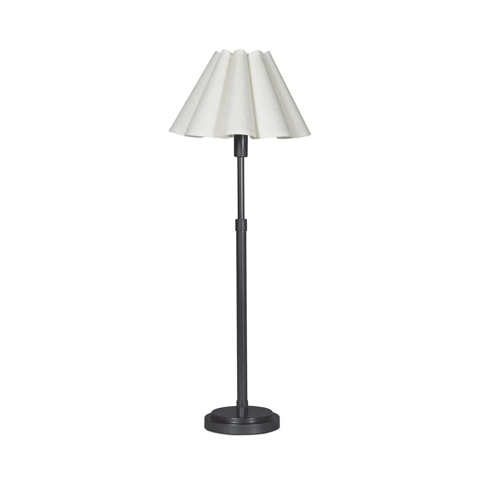 Floor lamp with a white shade and black base on a white background