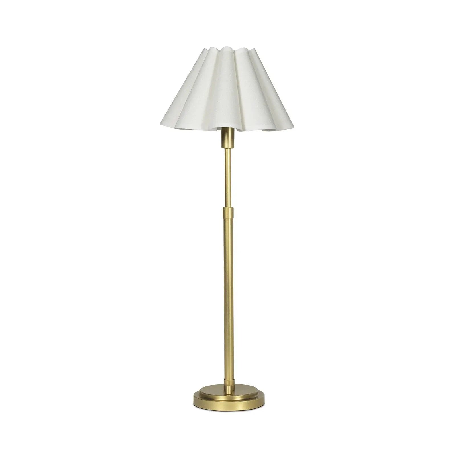 Floor lamp with white shade and brass base on a white background