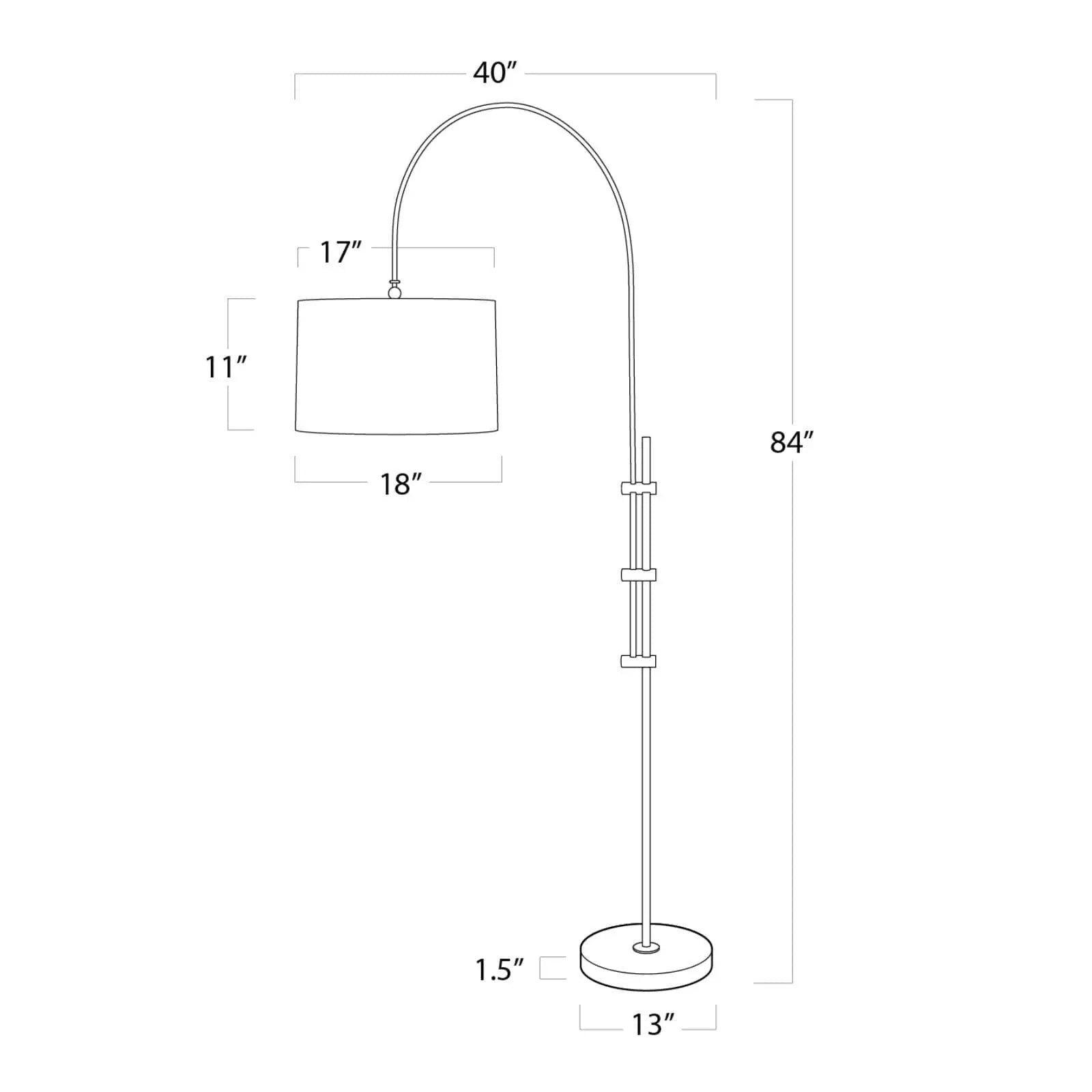 Line drawing of a floor lamp with dimensions labeled