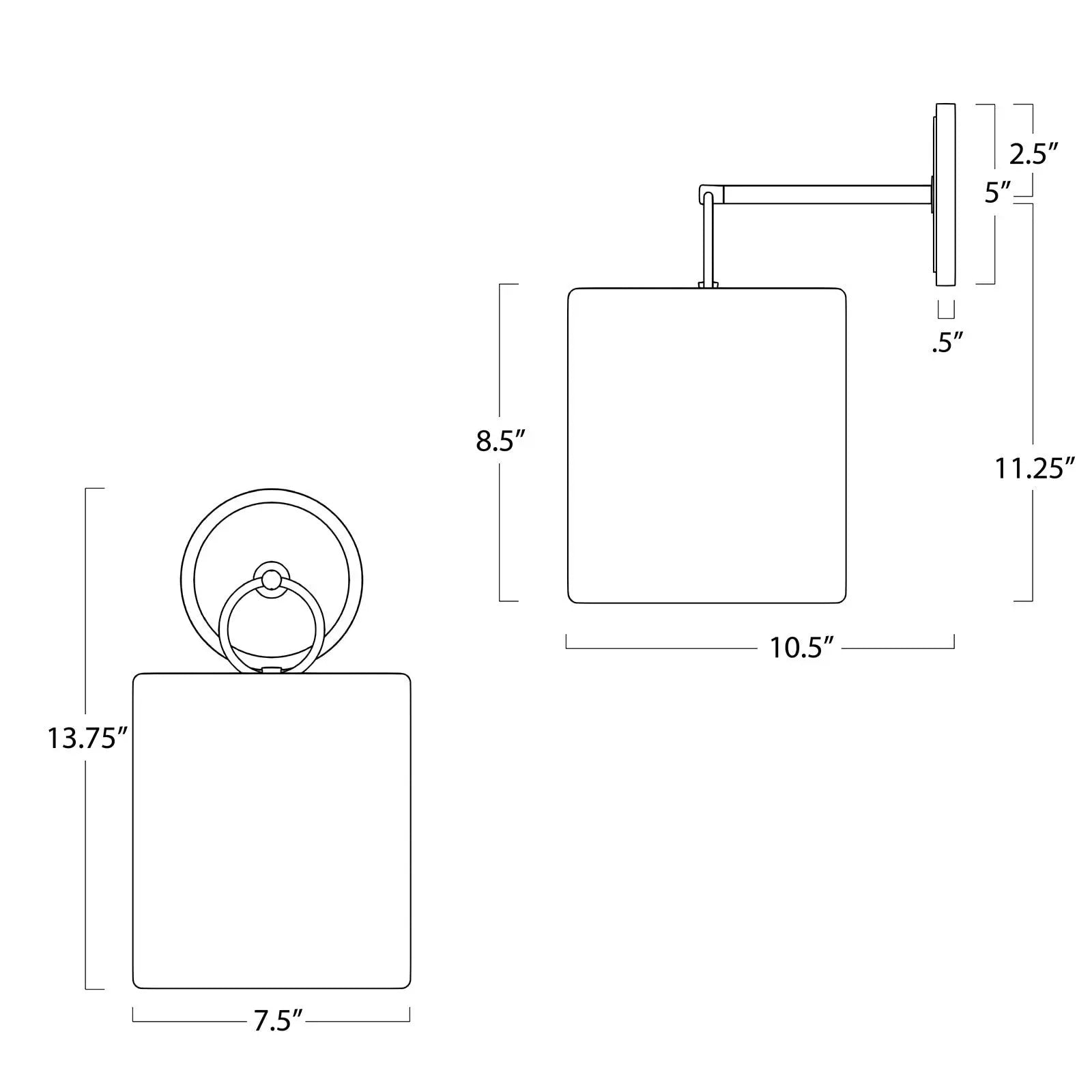 Dimensions of a square wall sconce with a ring light attachment on a white background
