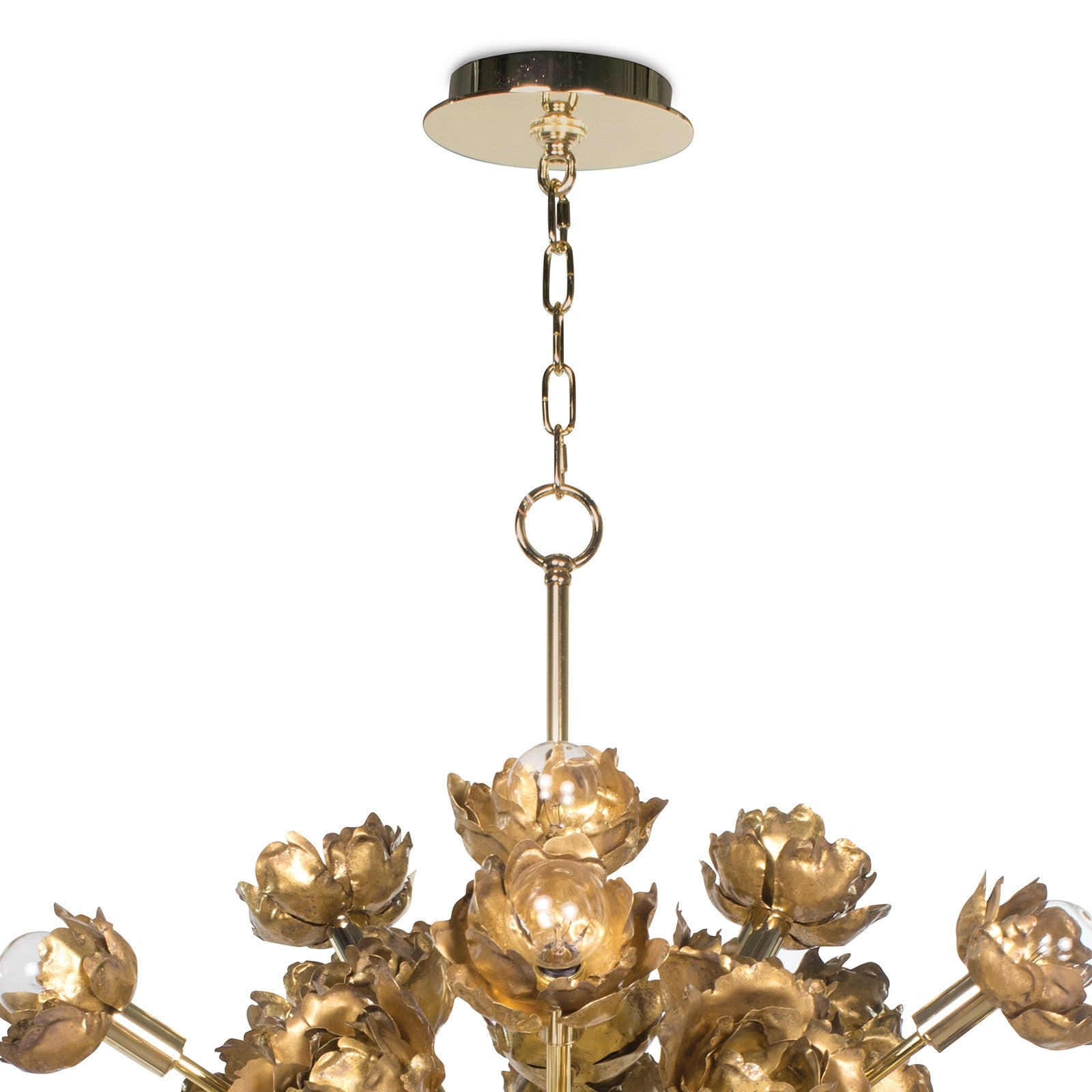 Gold chandelier with floral design on a white background