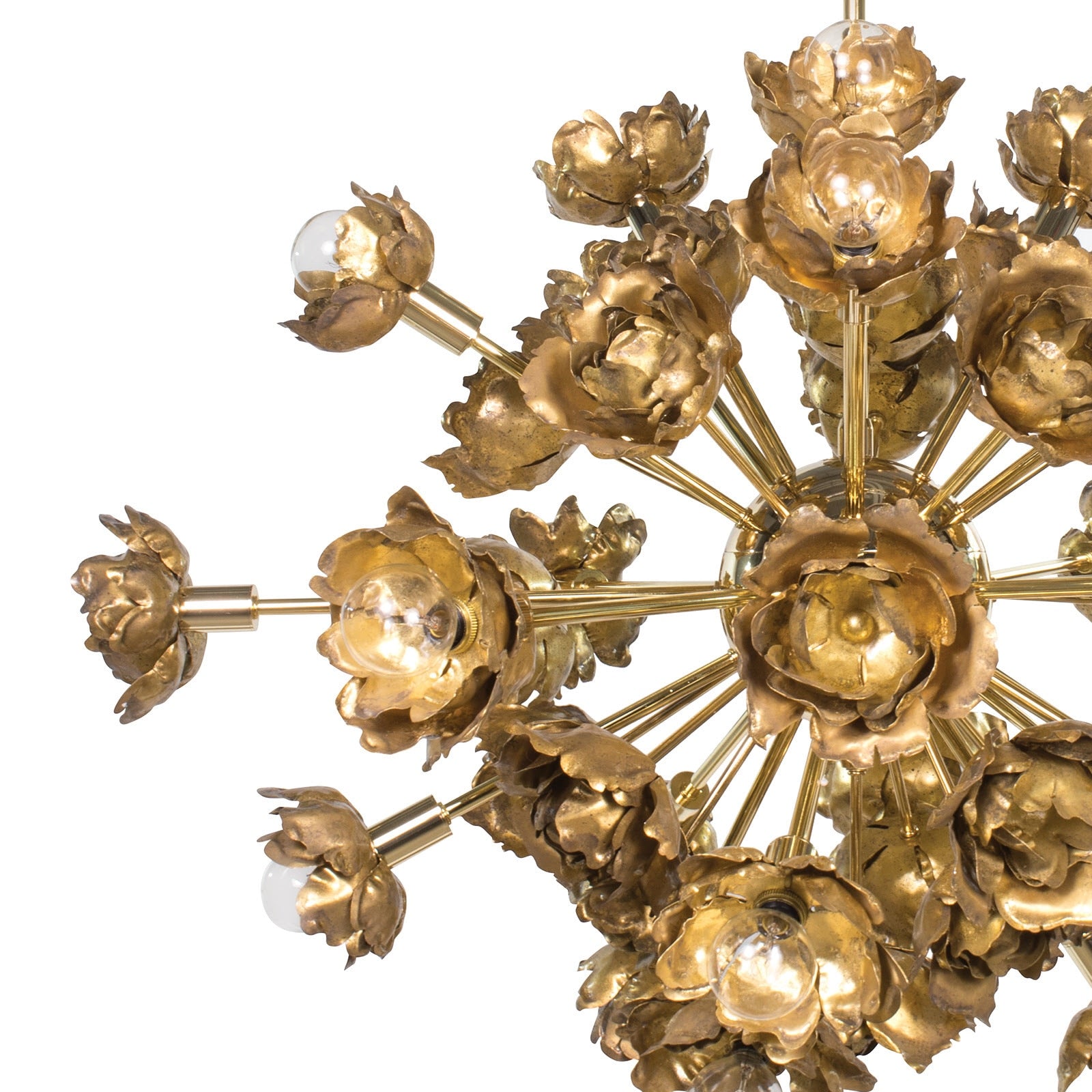 Gold chandelier with floral design on a white background