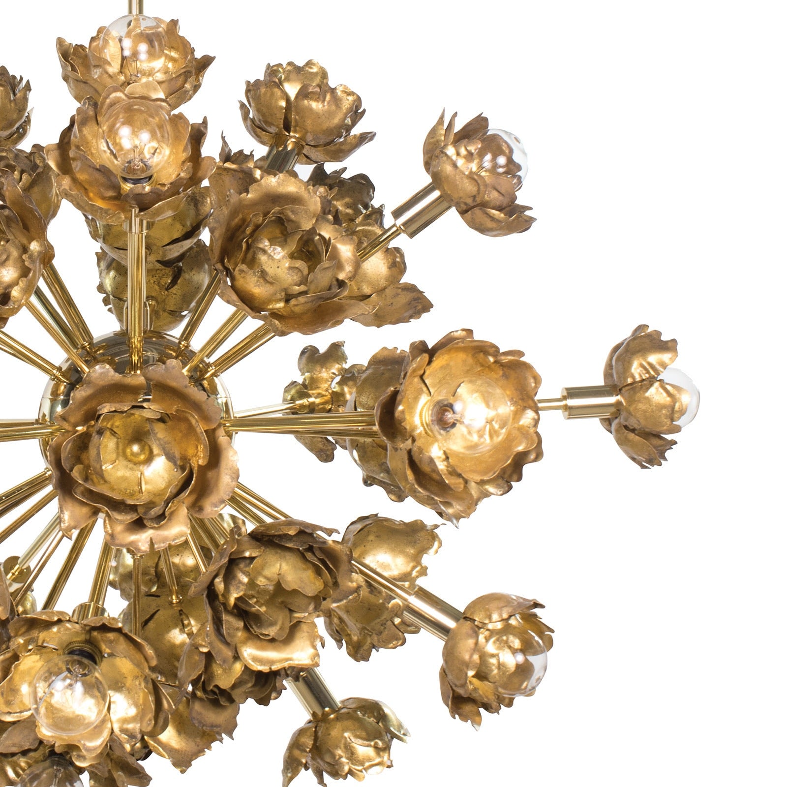Gold chandelier with floral design on a white background