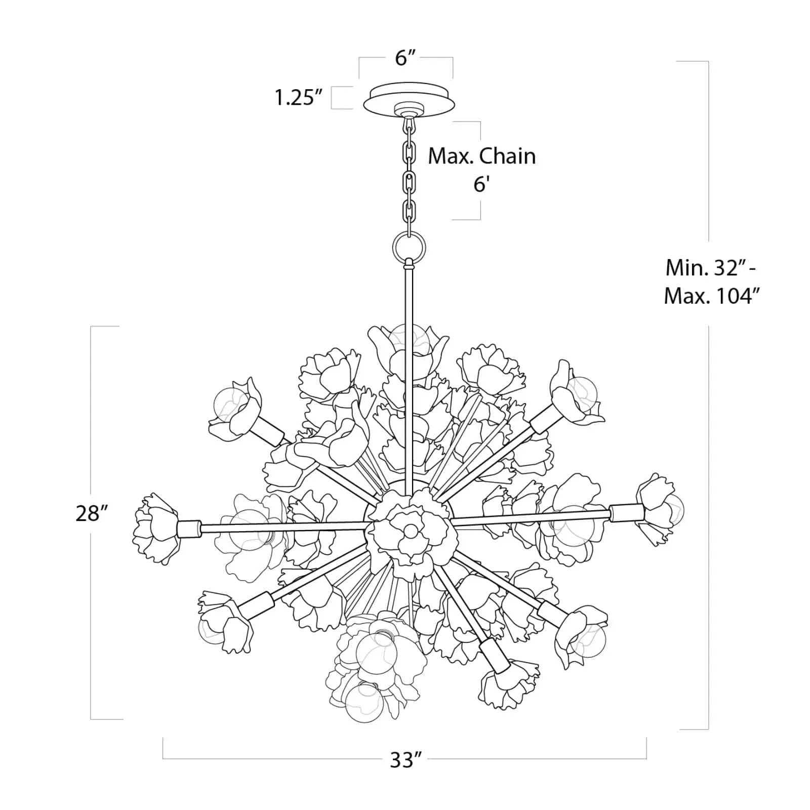 Technical drawing of a chandelier with dimensions labeled - Adeline Chandelier - gold floral sculpture chandelier with 22 lights and blossom-like accents by Regina Andrew for statement dining room lighting