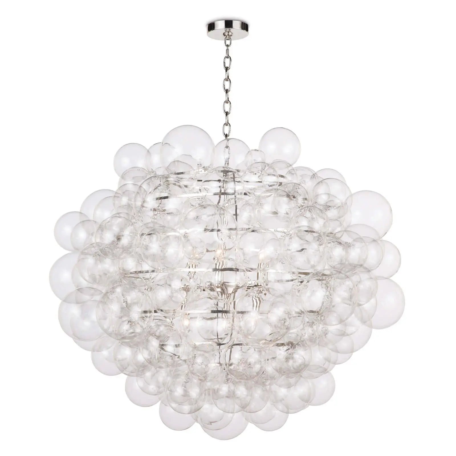 A clear glass chandelier with a cloud-like orb design, suspended by a polished nickel frame and chain.