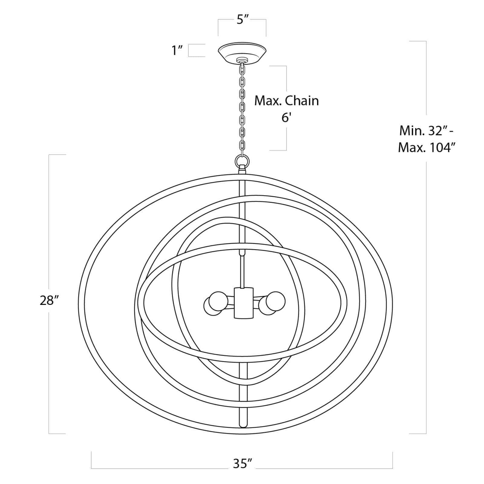 Technical drawing of a pendant light fixture with dimensions on a white background