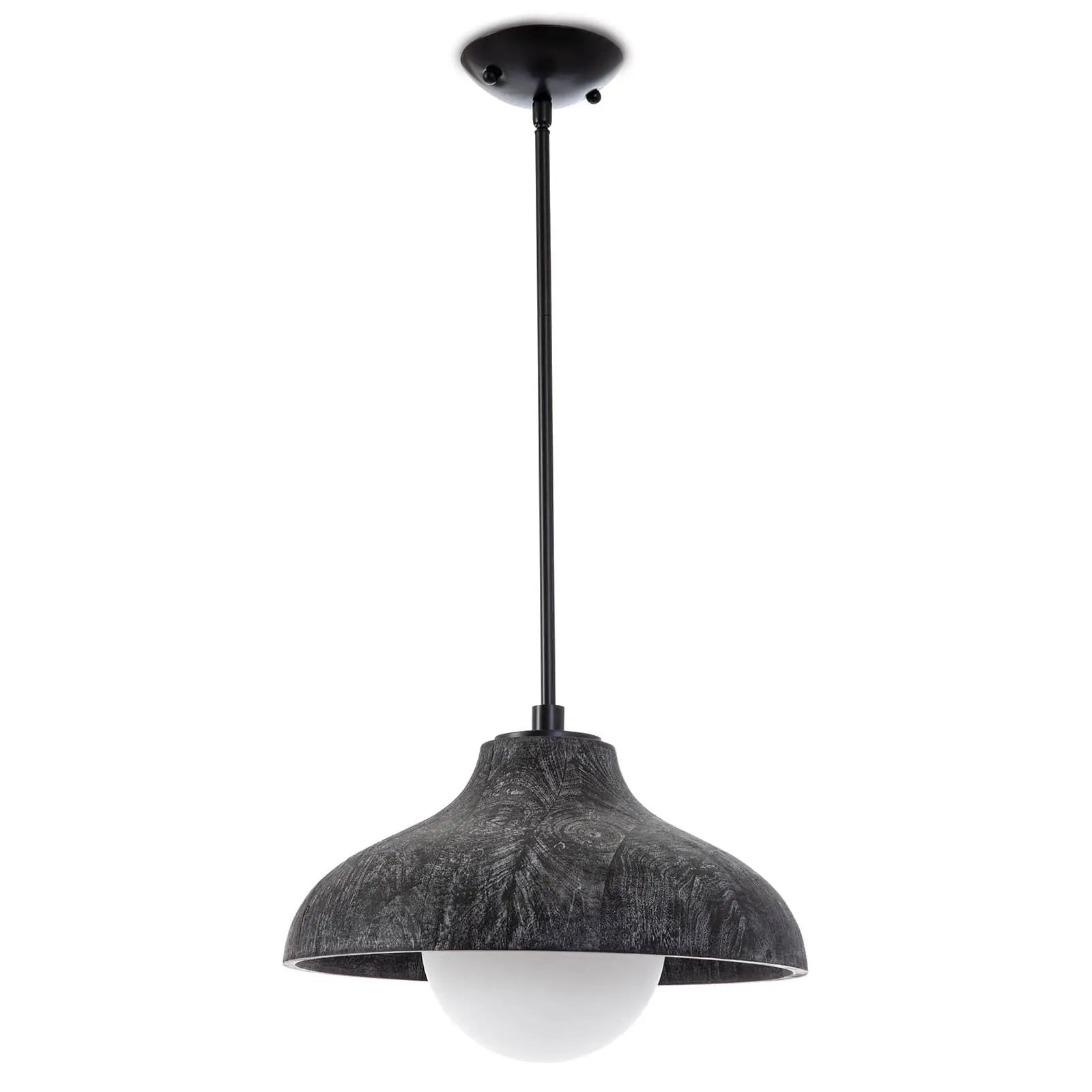 Pendant light with dark gray textured shade and white bulb on a white background