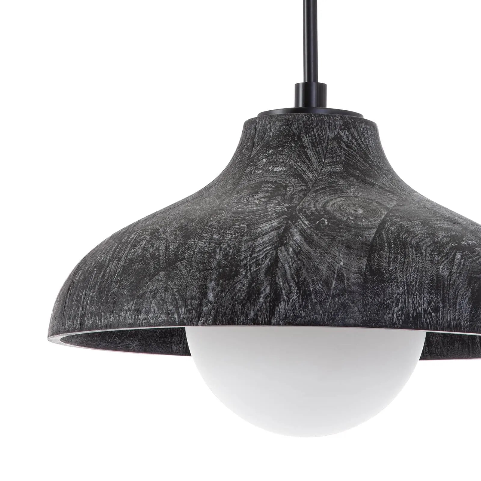 Pendant light with textured black shade on a white background