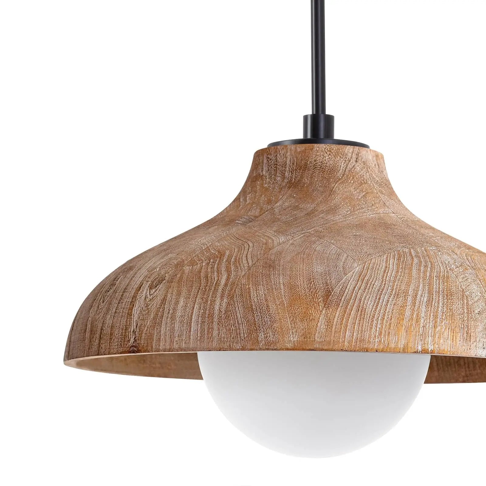 Wooden pendant light with a white bulb on a white background