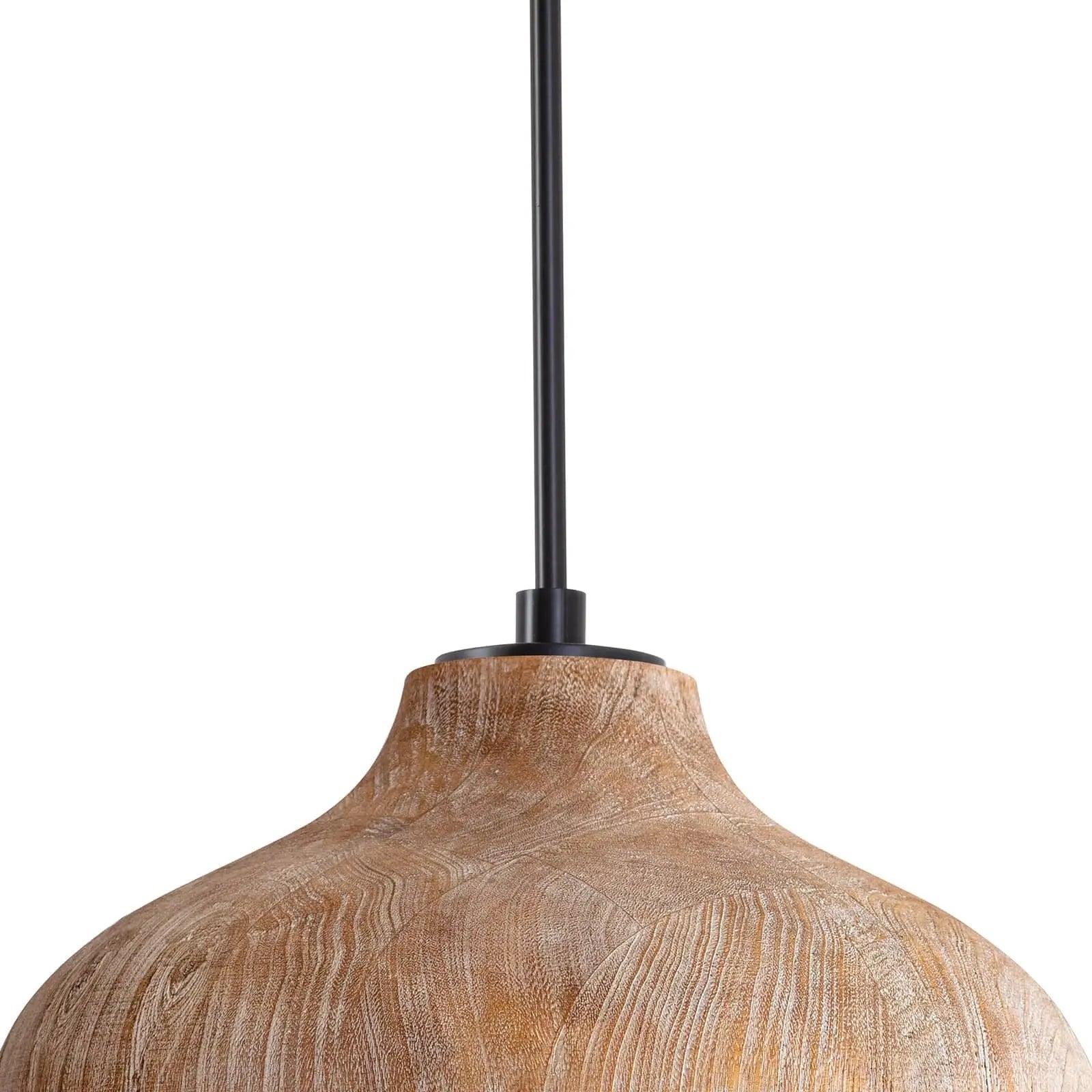 Wooden pendant light with black hanging cord on a white background