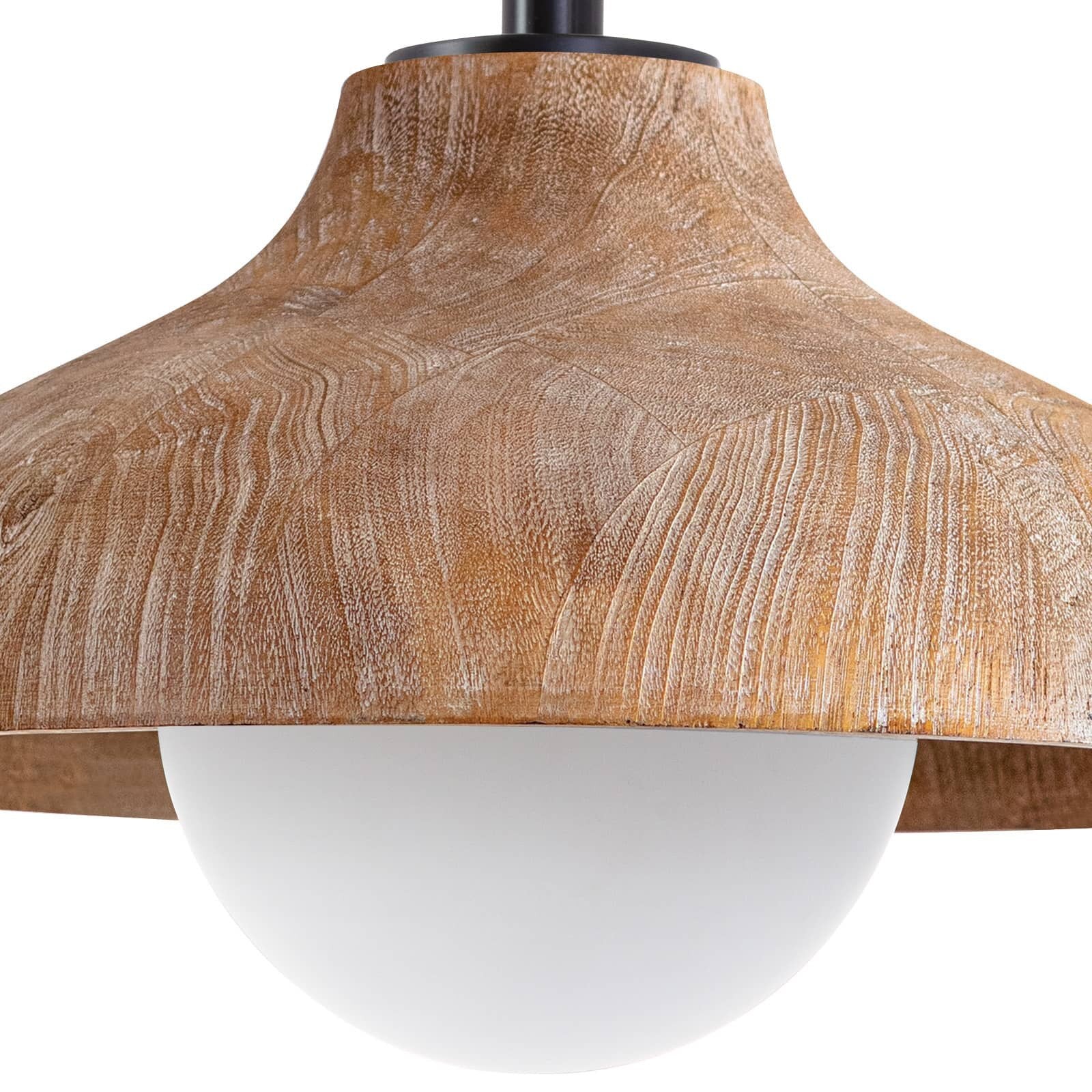 Wooden pendant light with a white bulb on a white background