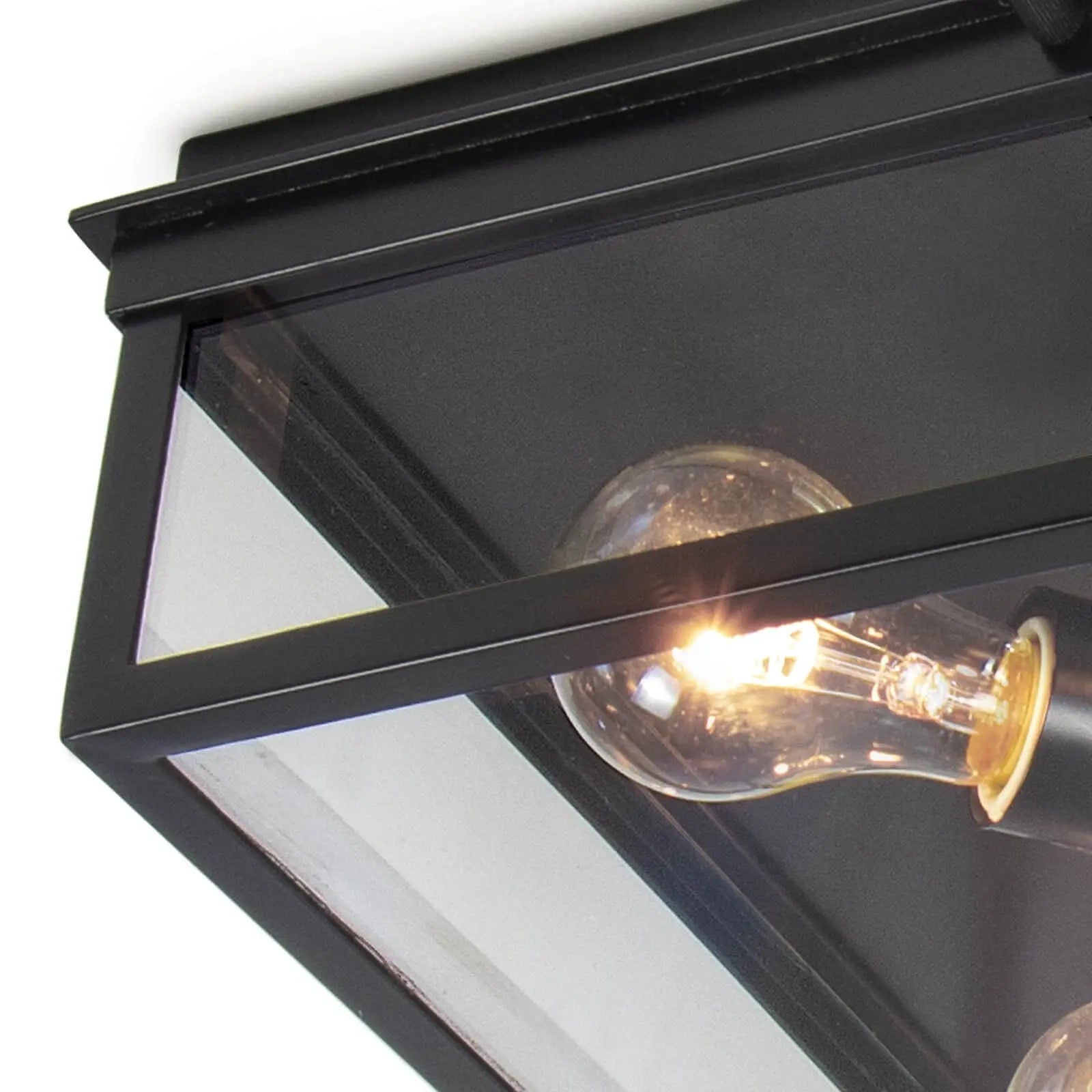 Ceiling light fixture with a visible bulb inside a black frame on a white background