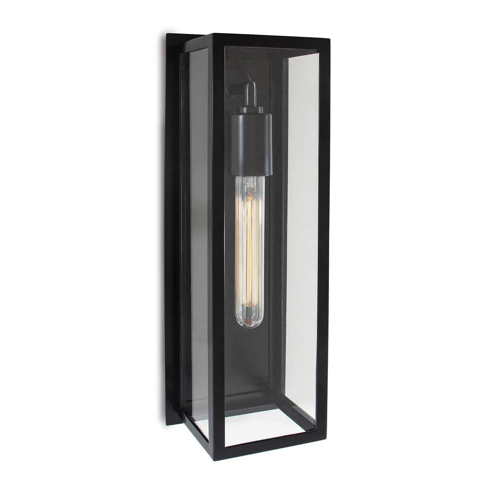Black wall-mounted light fixture with clear glass panels on a white background