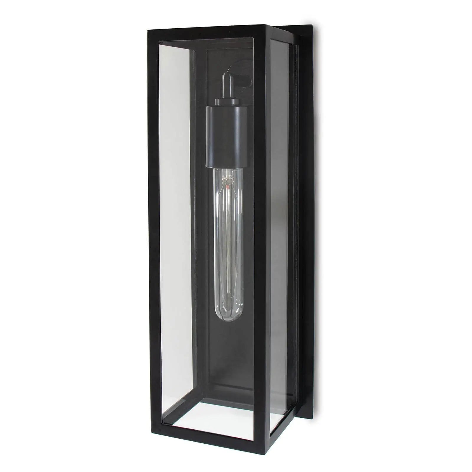 Black wall-mounted lantern with a clear glass cover on a white background
