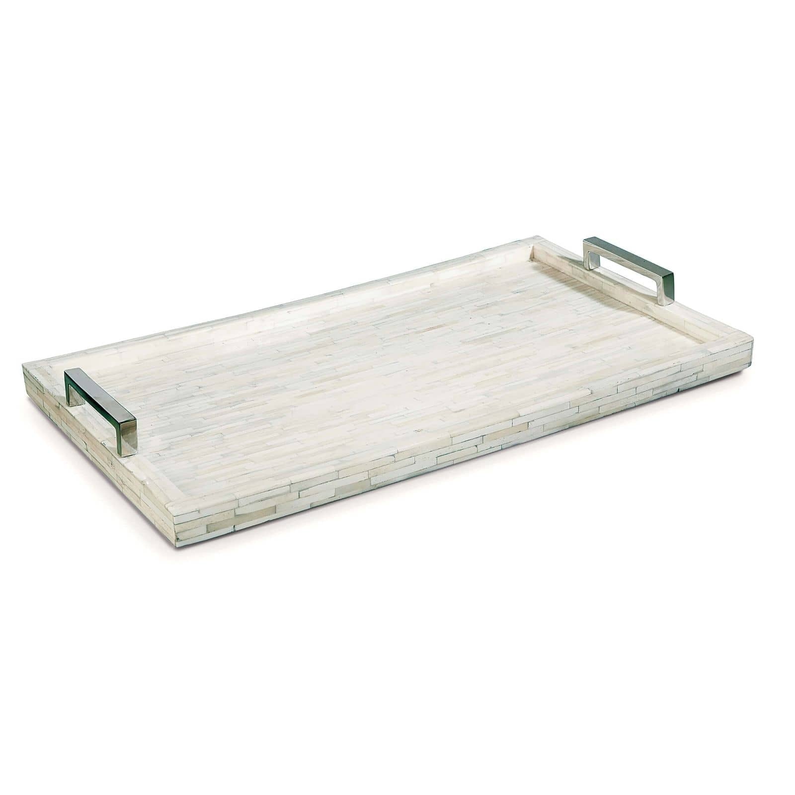 Large rectangular White Bone Inlay Decorative Tray with a mosaic pattern and polished nickel handles.