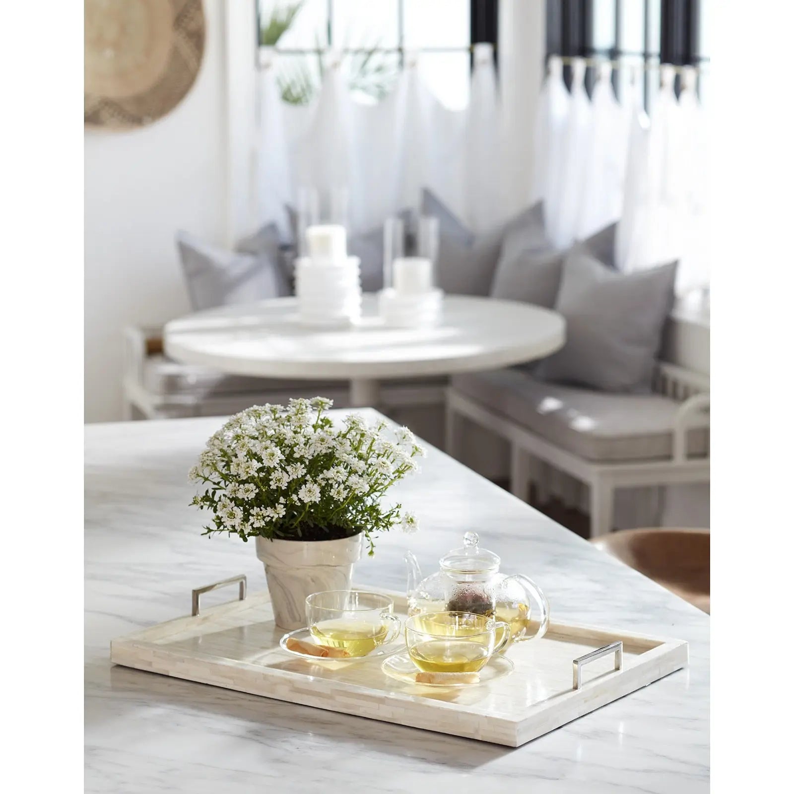 Large rectangular White Bone Inlay Decorative Tray with a mosaic pattern and polished nickel handles.