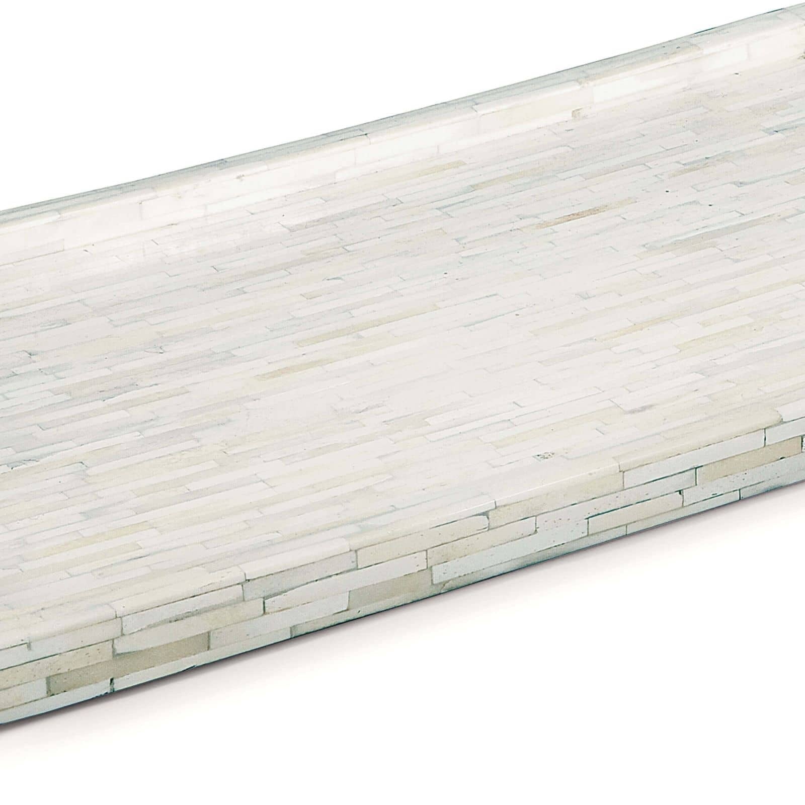 Large rectangular White Bone Inlay Decorative Tray with a mosaic pattern and polished nickel handles.