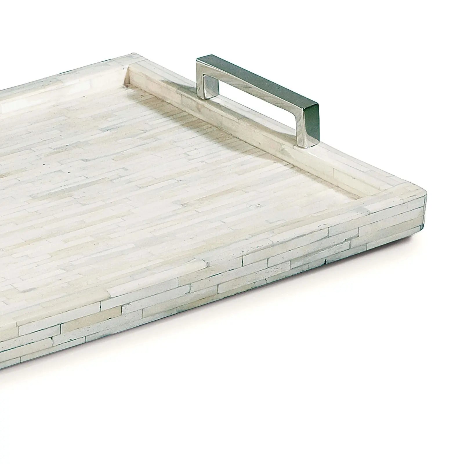 Large rectangular White Bone Inlay Decorative Tray with a mosaic pattern and polished nickel handles.