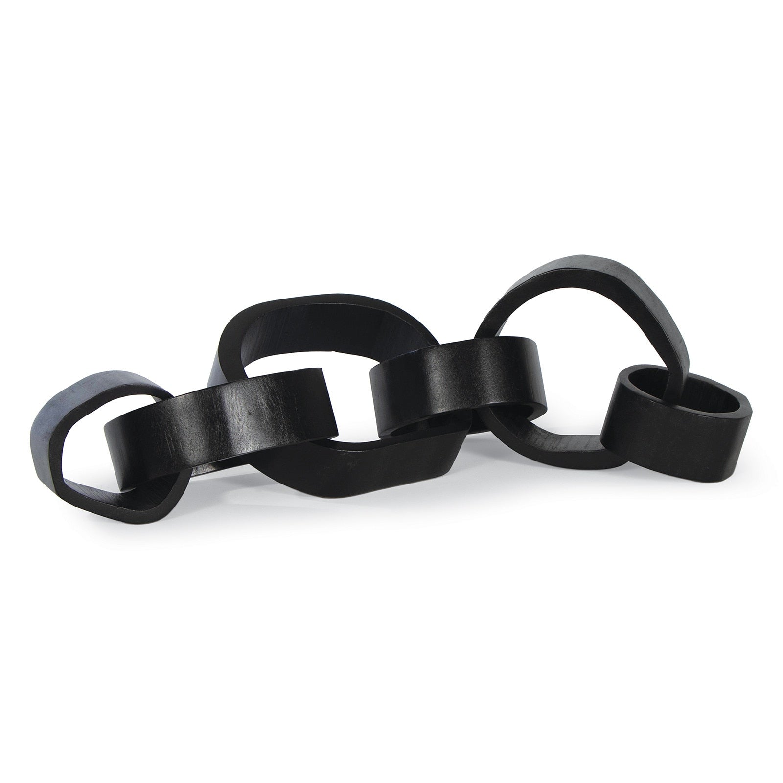 Black metal chain sculpture on a white background