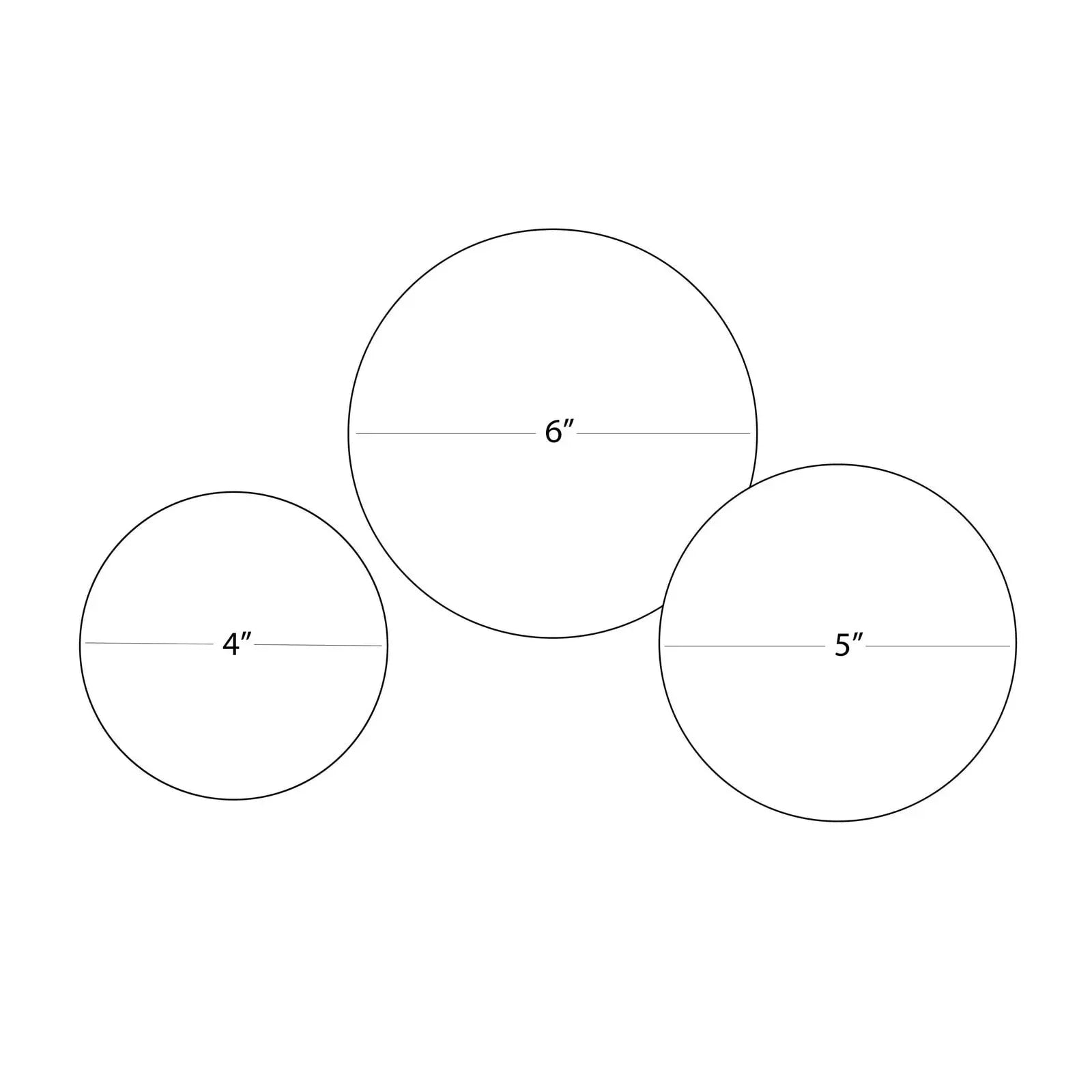 Three circles with diameters labeled as 4 inches, 6 inches, and 5 inches on a white background.