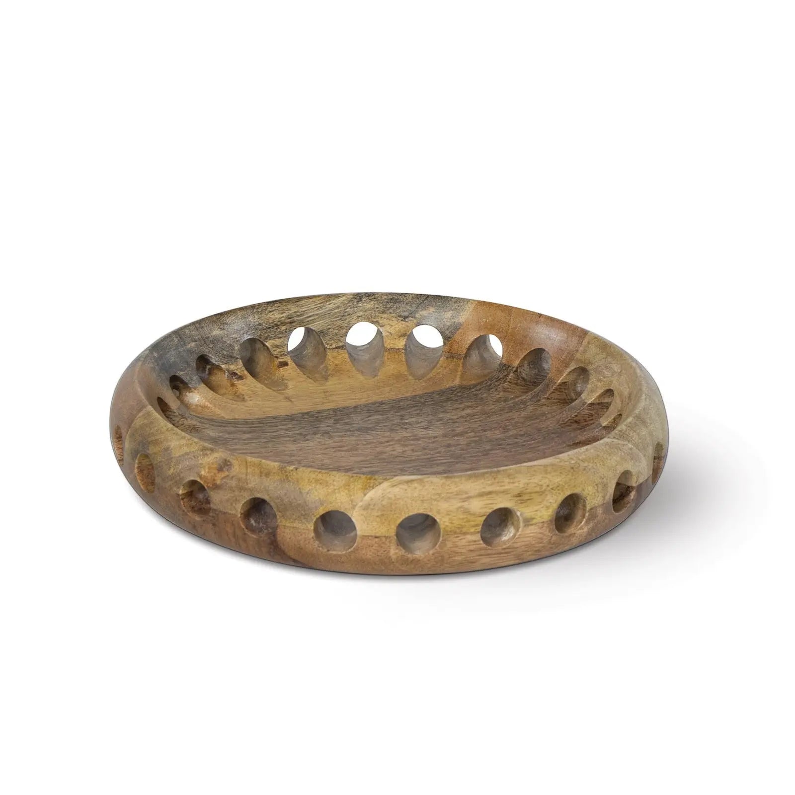 Wooden bowl with holes on a white background