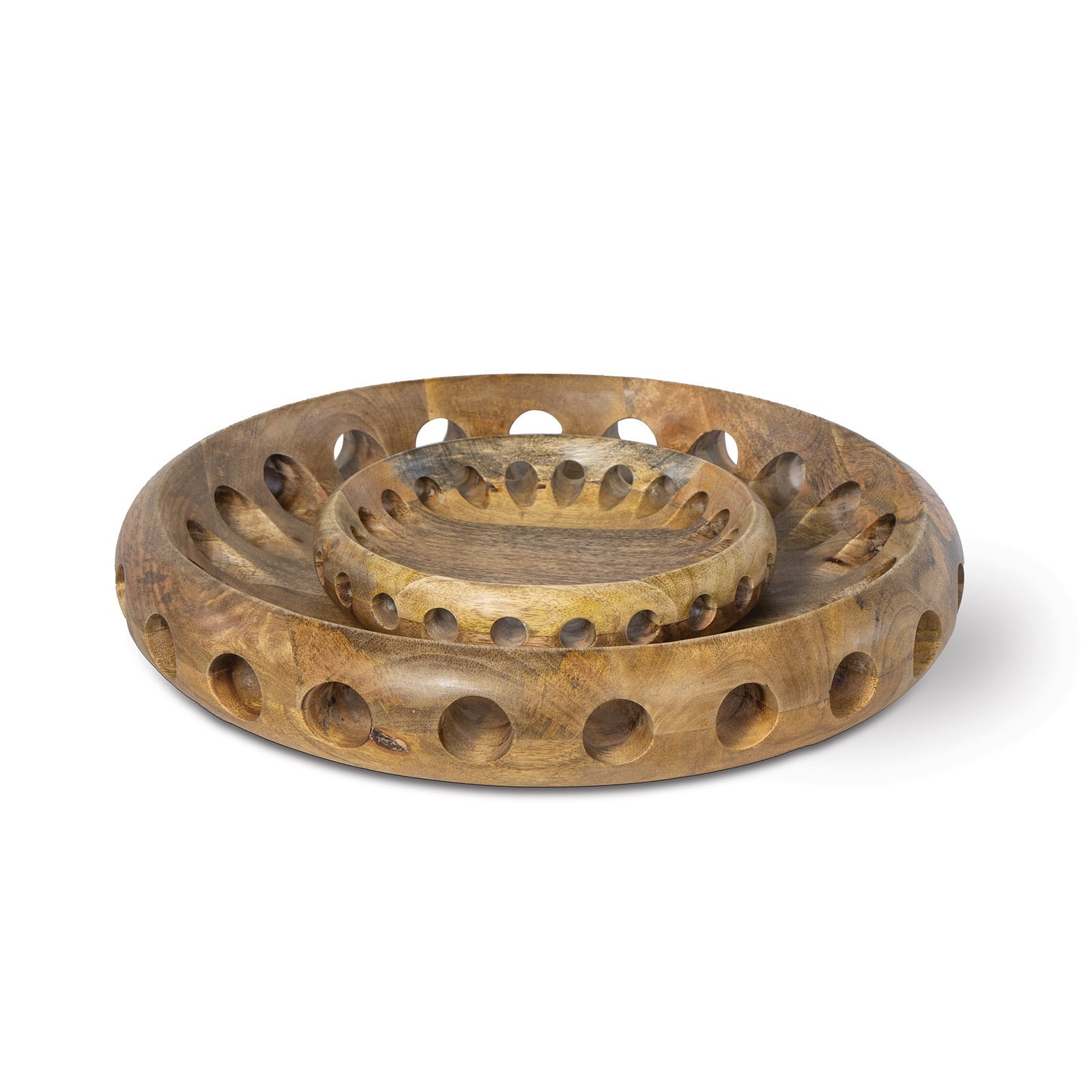 Set of two wooden trays with circular cutouts on a white background
