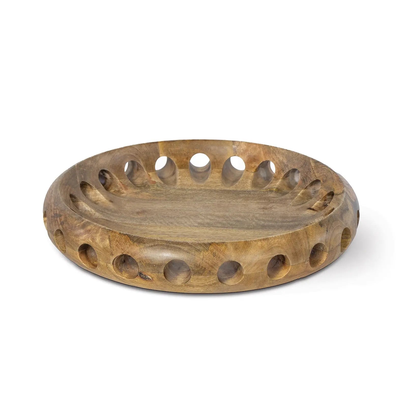 Wooden bowl with holes on a white background