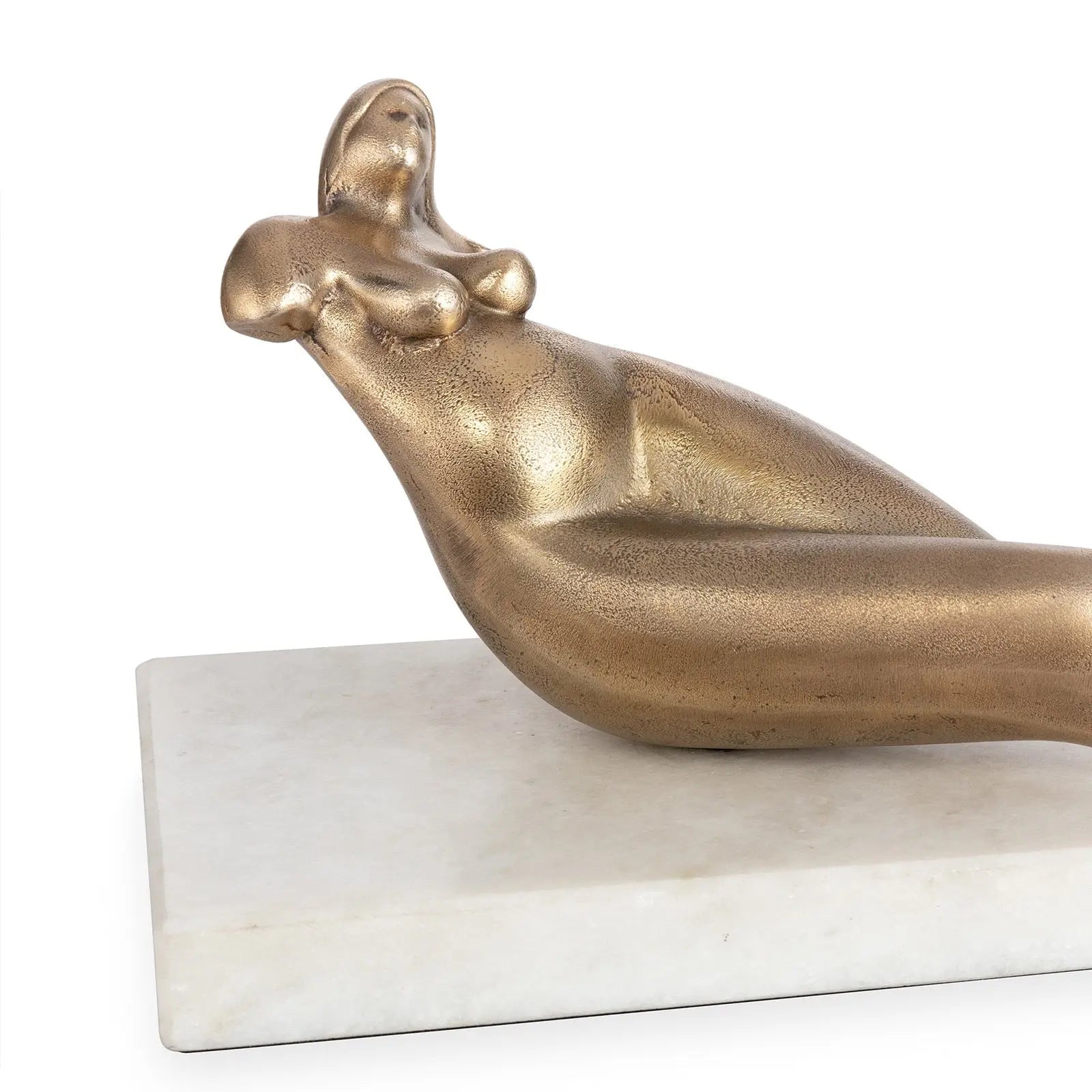Bronze sculpture of a reclining figure on a white marble base