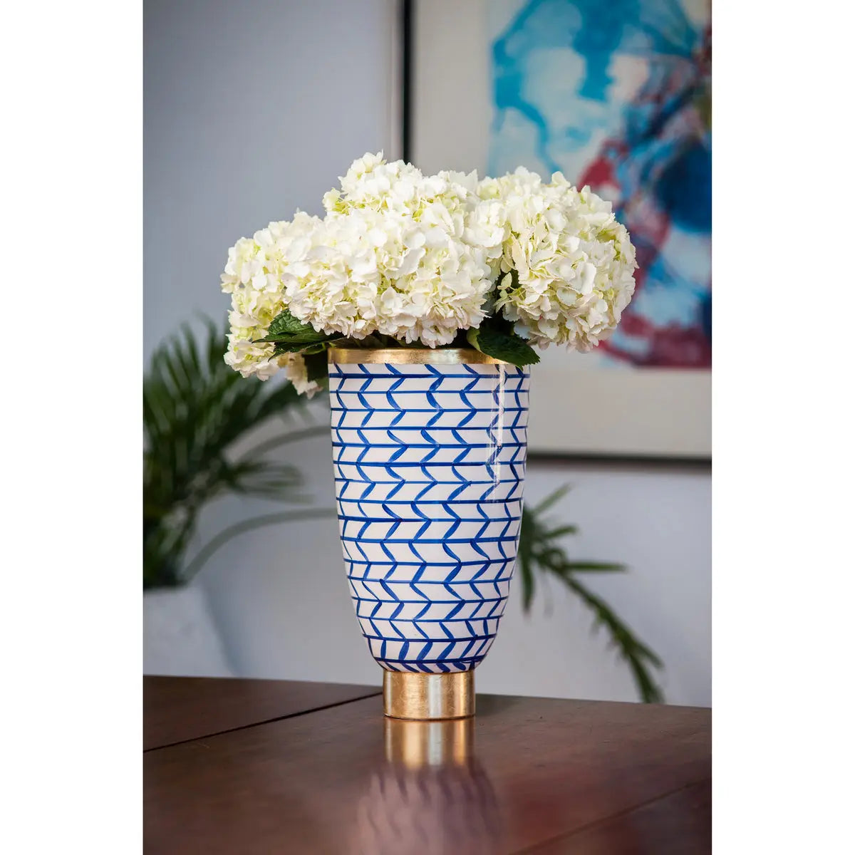 Contempo Geometric Italian Ceramic Vase - Blue White Gold Trim - Villa Decor & Design