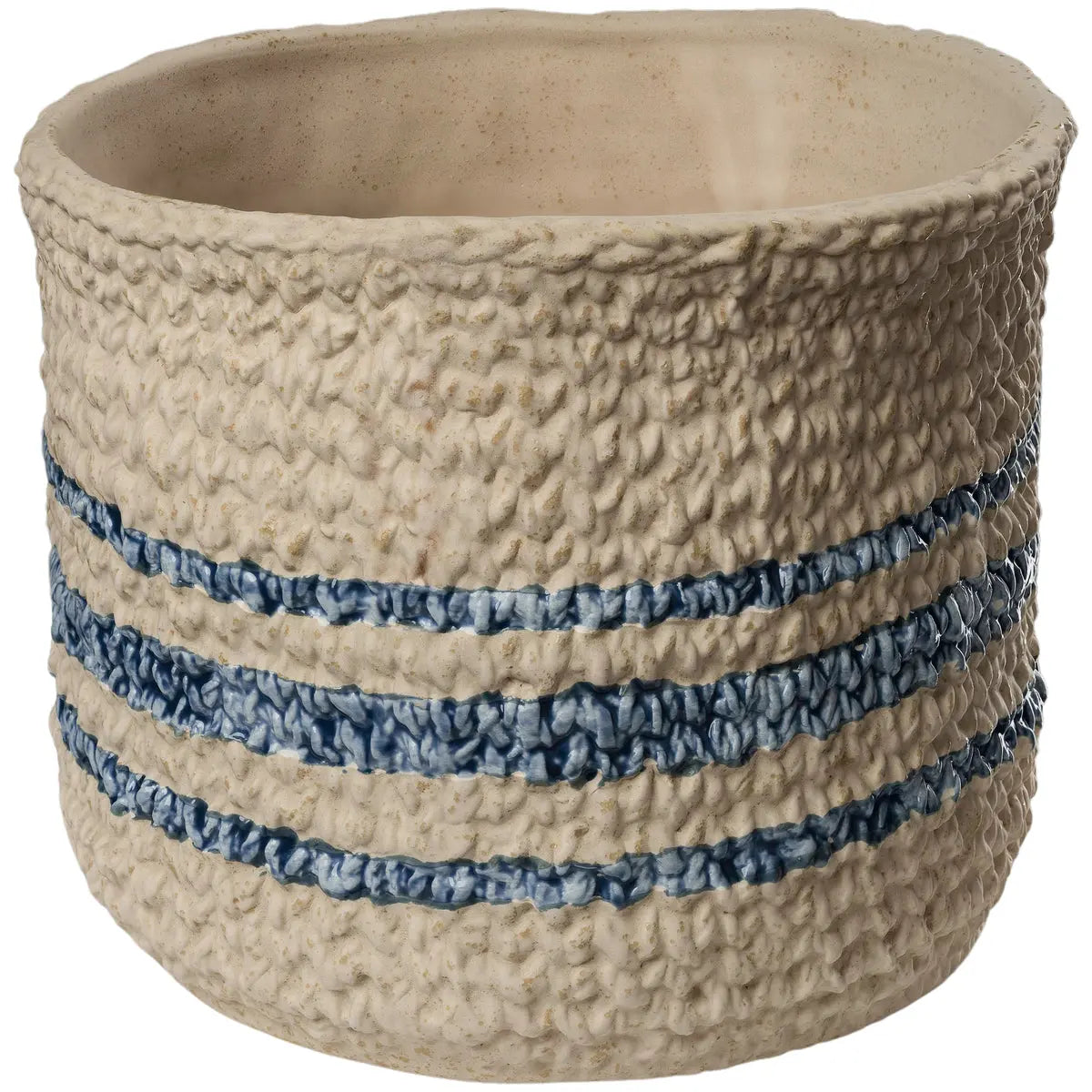 Textured beige pot with blue stripes on a white background