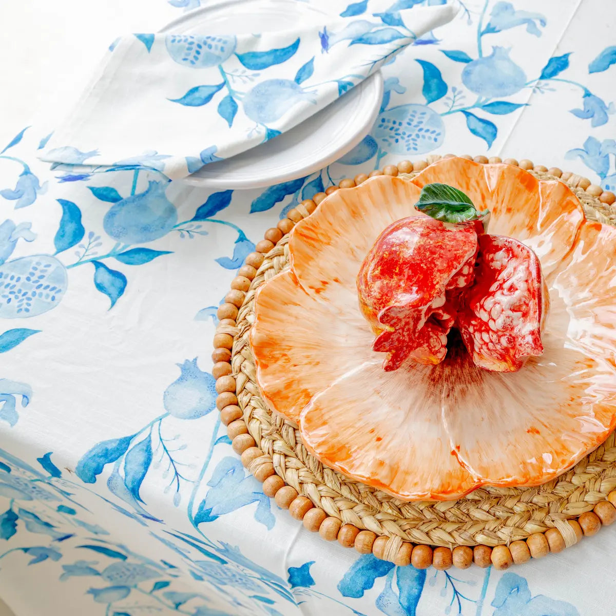 Coastal table setting with Abigails Pomegranate Tablecloth