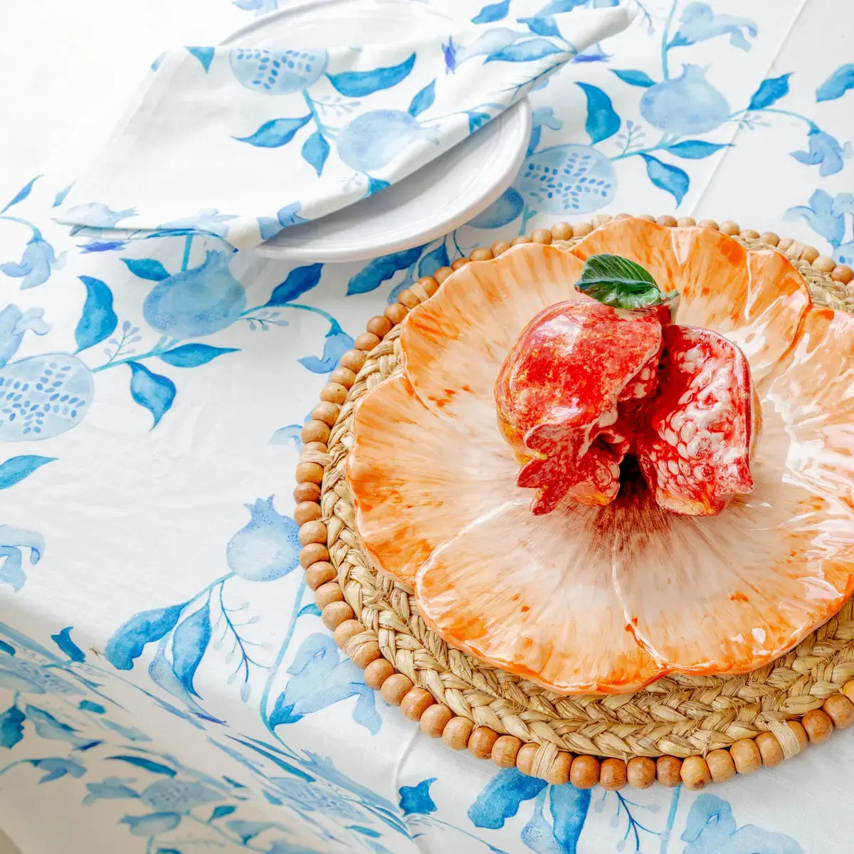 Coastal table setting with Abigails Pomegranate Tablecloth