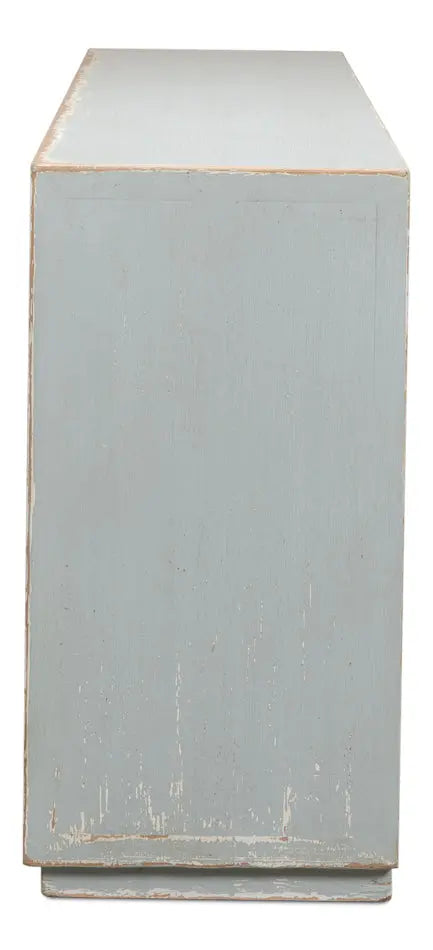 A stylish honeycomb front sideboard with a light aquamarine blue finish, showcasing the intricate geometric pattern and reclaimed wood texture.