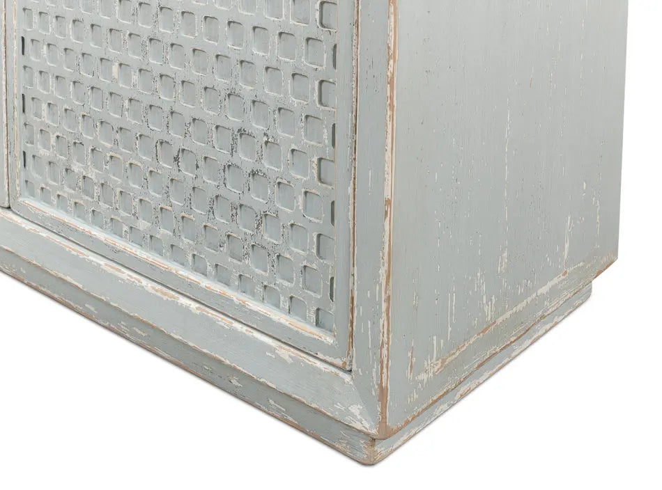 A stylish honeycomb front sideboard with a light aquamarine blue finish, showcasing the intricate geometric pattern and reclaimed wood texture.