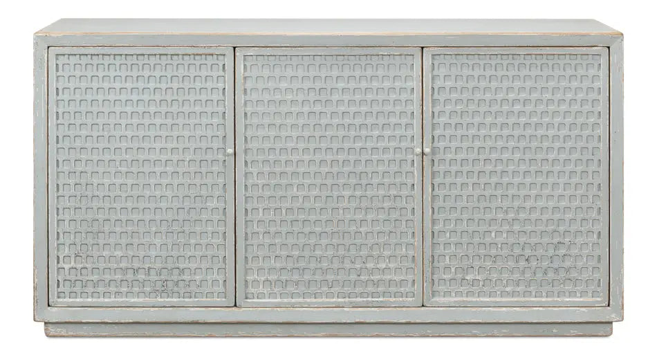 A stylish honeycomb front sideboard with a light aquamarine blue finish, showcasing the intricate geometric pattern and reclaimed wood texture.