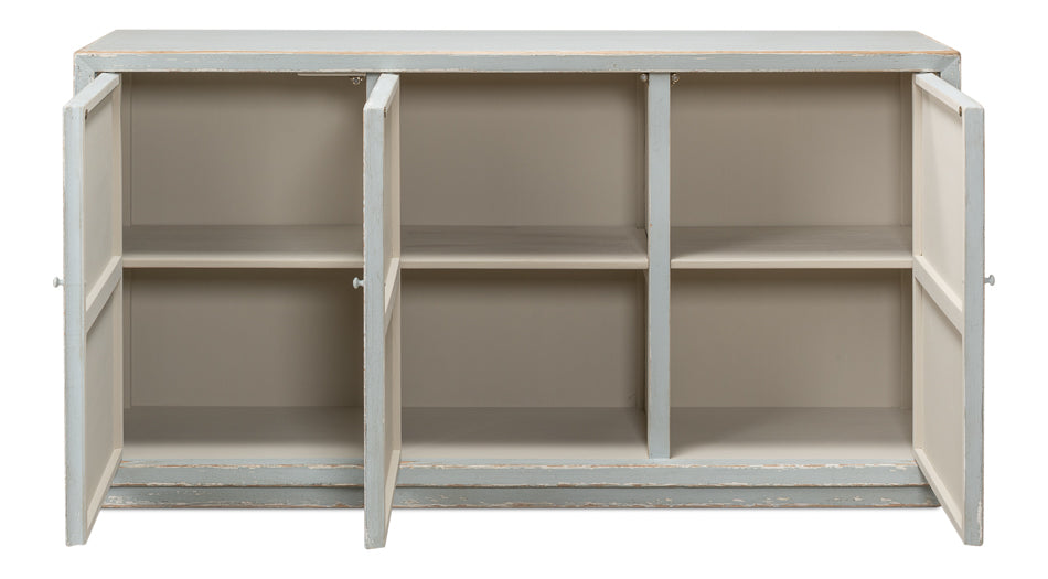 A stylish honeycomb front sideboard with a light aquamarine blue finish, showcasing the intricate geometric pattern and reclaimed wood texture.