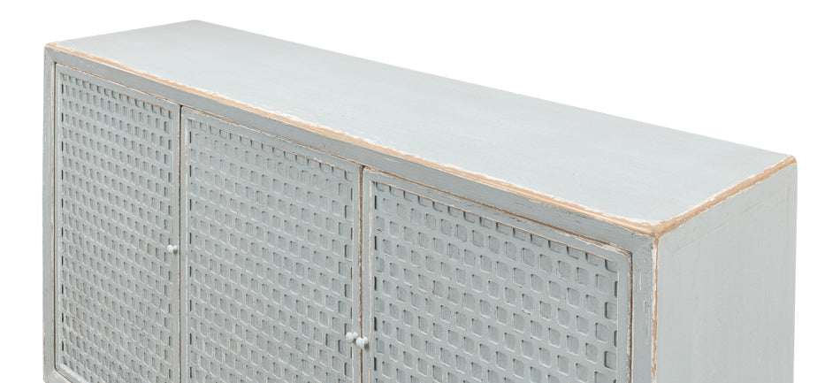 A stylish honeycomb front sideboard with a light aquamarine blue finish, showcasing the intricate geometric pattern and reclaimed wood texture.