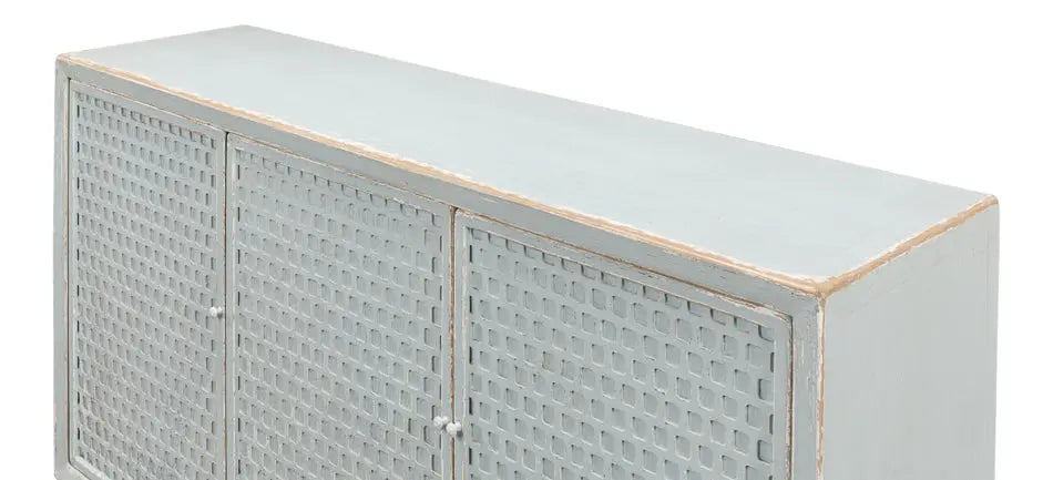 A stylish honeycomb front sideboard with a light aquamarine blue finish, showcasing the intricate geometric pattern and reclaimed wood texture.